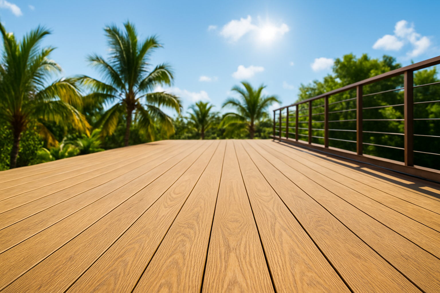Sunlit composite decking terrace in a hot climate